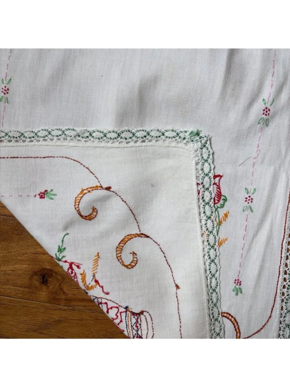 VTG Embroidered Table Runner 40x14 Multicolor Flowers in Basket Crochet Trim